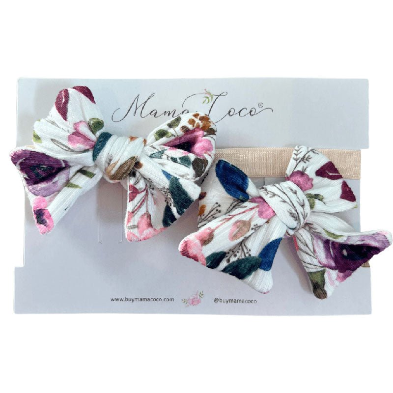 Baby headband with bow and matching bow clip in Ivory Wildflowers Classic Brushed fabric.