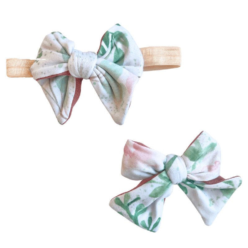 Classic Brushed baby headband with bow and bow clip in Ivory Wildflowers print.