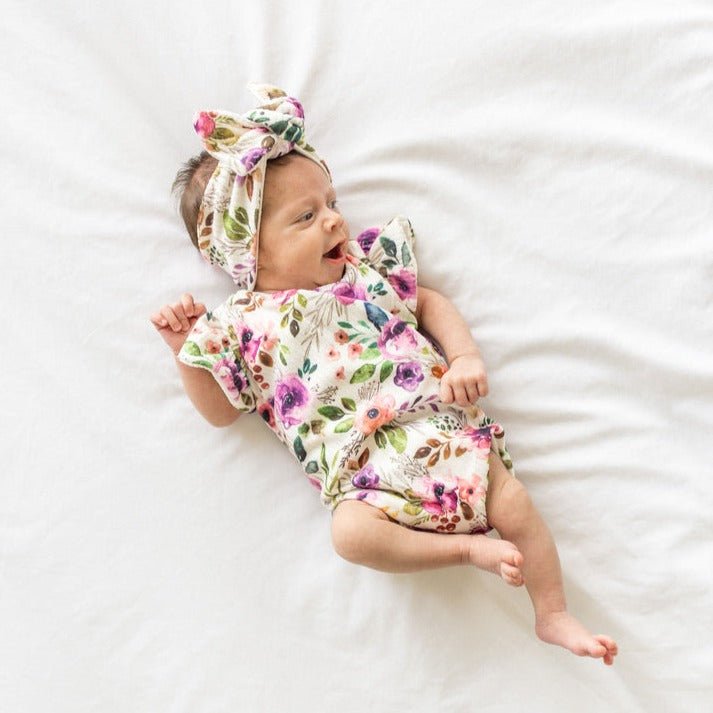 Floral Ivory Wildflowers short-sleeve bodysuit for baby in soft Classic Brushed fabric styles.