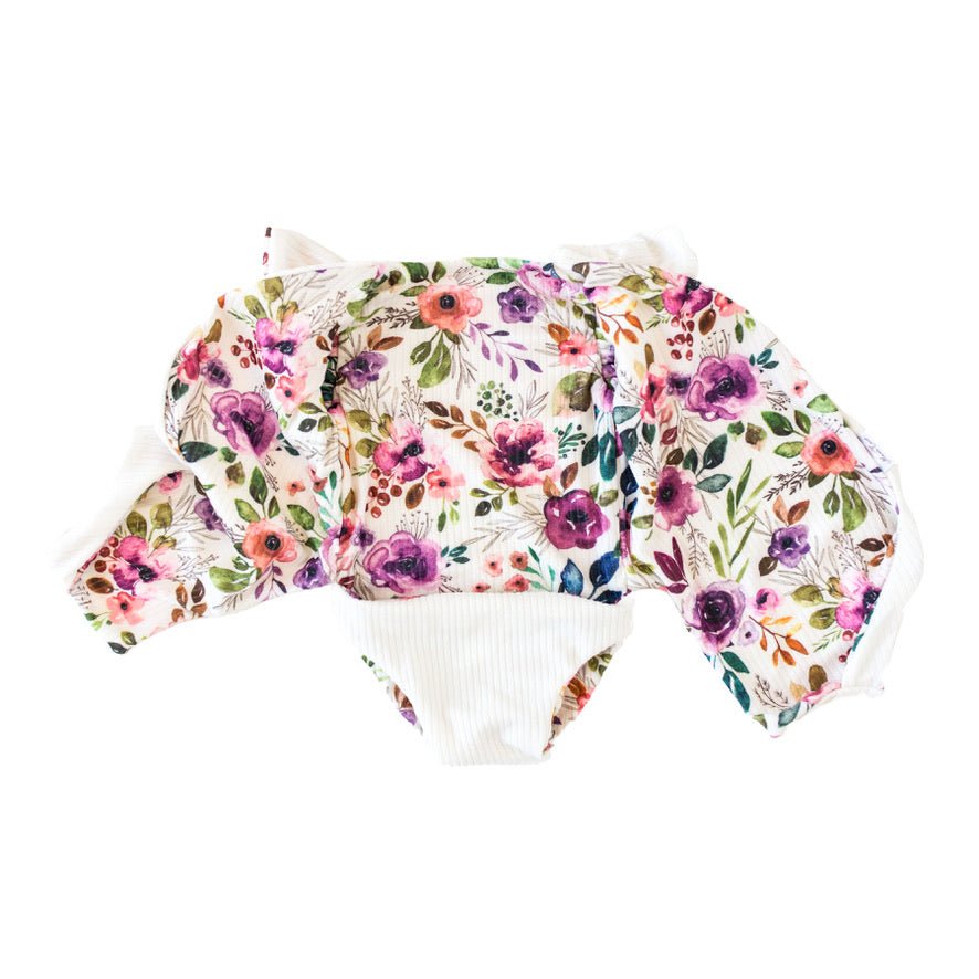 Ivory Wildflowers print short-sleeve bodysuit for baby in premium Classic Brushed fabric styles.