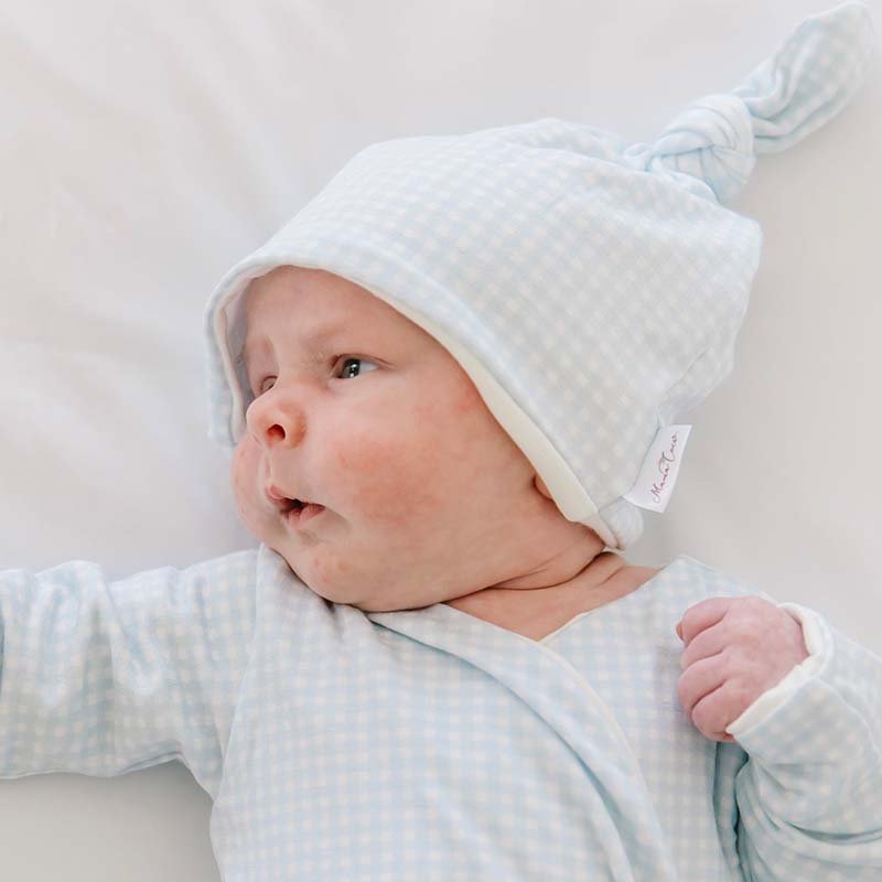 Silky modal knotty beanie in baby blue gingham design.