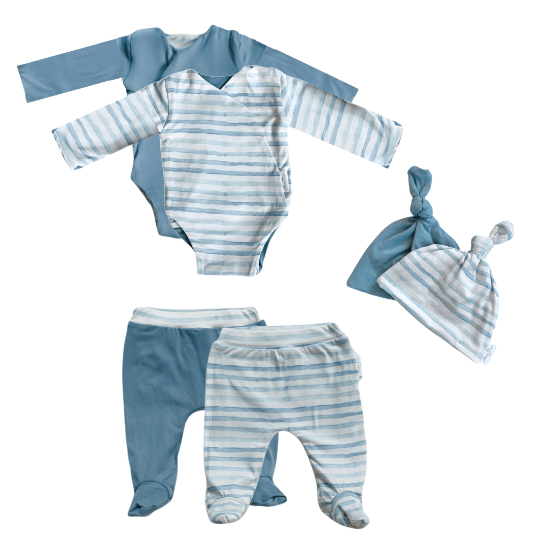 Reversible long-sleeve onesie outfit bundle in chambray waves design.