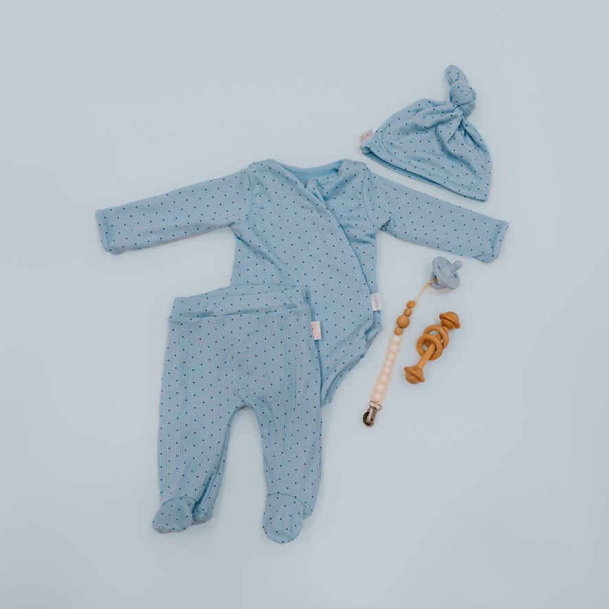 Long-sleeve onesie outfit bundle in a dotted blue design.