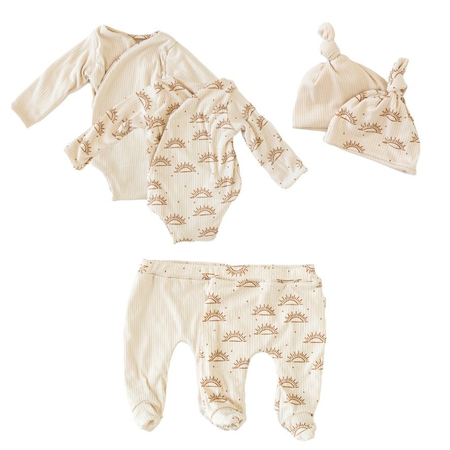 Long-sleeve reversible onesie outfit bundle in sandy sunsets design.