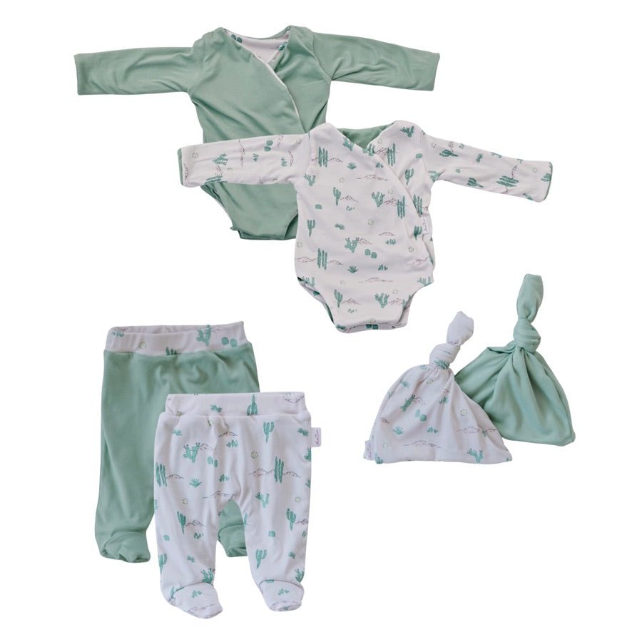 Long-sleeve onesie outfit bundle in desert sunsets design.