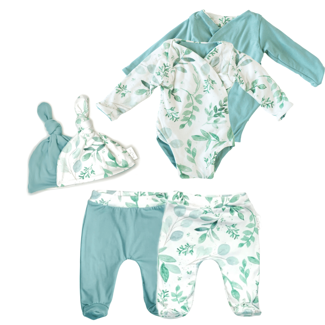 Reversible long-sleeve onesie outfit bundle in saged eucalyptus design.