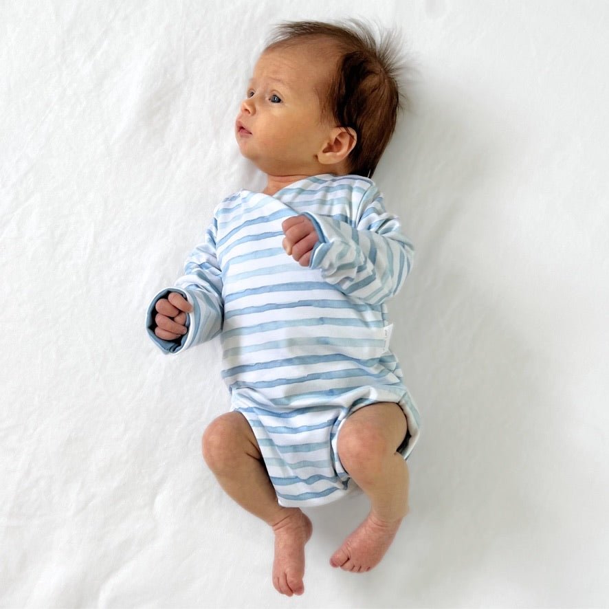 Classic brushed long sleeve newborn baby essentials bundle in chambray waves design.