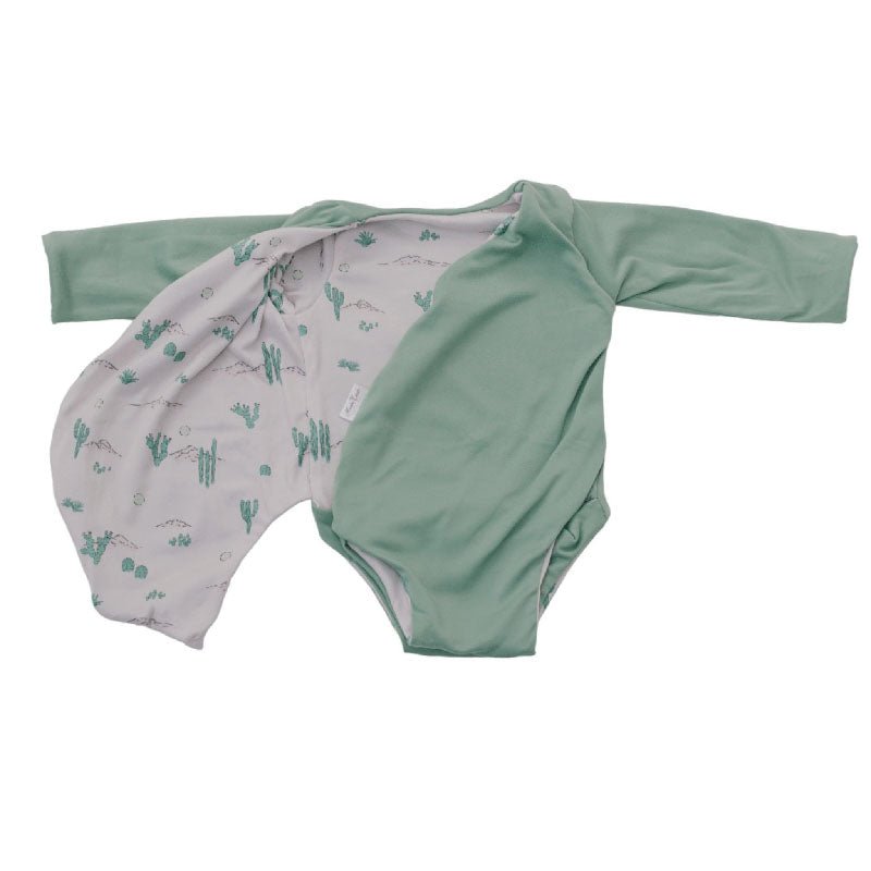 Reversible Desert Sunsets design long sleeved winged bodysuit in classic brushed fabric.