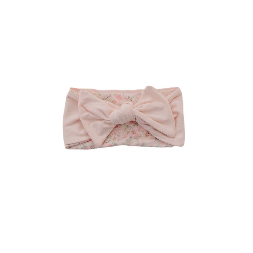 Headwrap with bow crafted in soft Dusty Roses design classic brushed fabric.