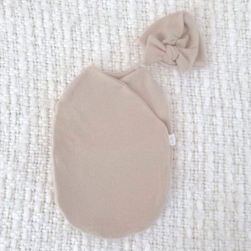 Premium Plush Latte ruched beanie with bow designed for babies.