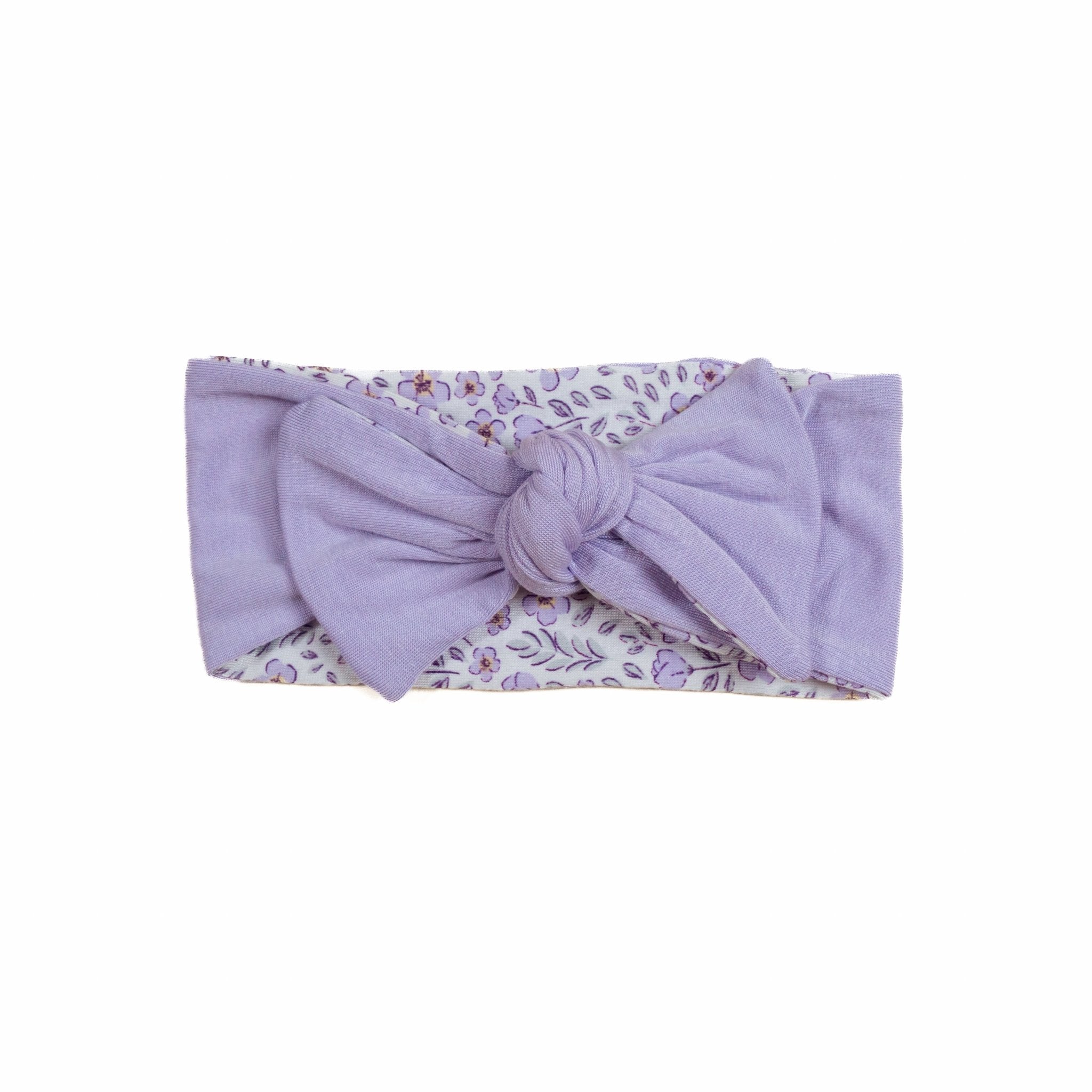 Sweet headwrap with bow, made from ultra-soft Purple Posies fabric.