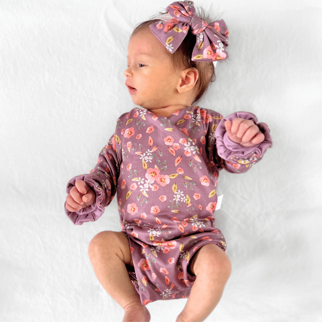 Newborn baby clothing bundle in classic brushed fabric with long sleeve ruffle cuffs.