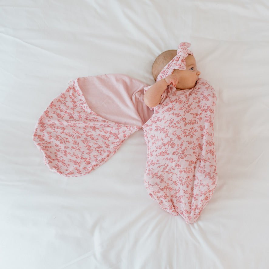 Classic brushed flutter sleeve newborn essentials bundle in bitty pink blooms design.