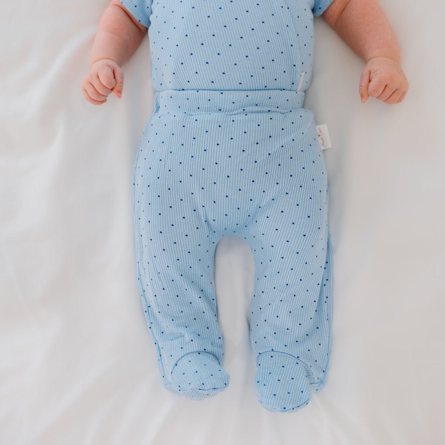 Dotted blues design baby footie pants from our short-sleeve onesie bundle.