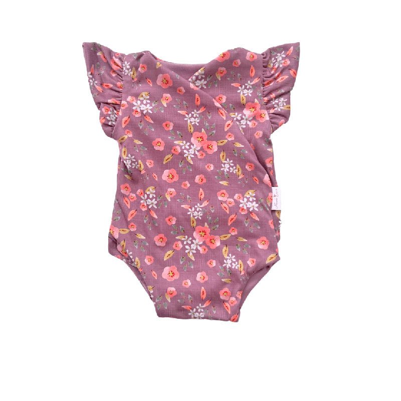 Boutique Peachy Lilac short-sleeve bodysuit for baby in luxurious Classic Brushed fabric styles.