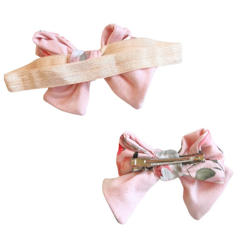 Peachy Rose Fields baby headband with bow crafted in cozy Classic Brushed fabric styles.