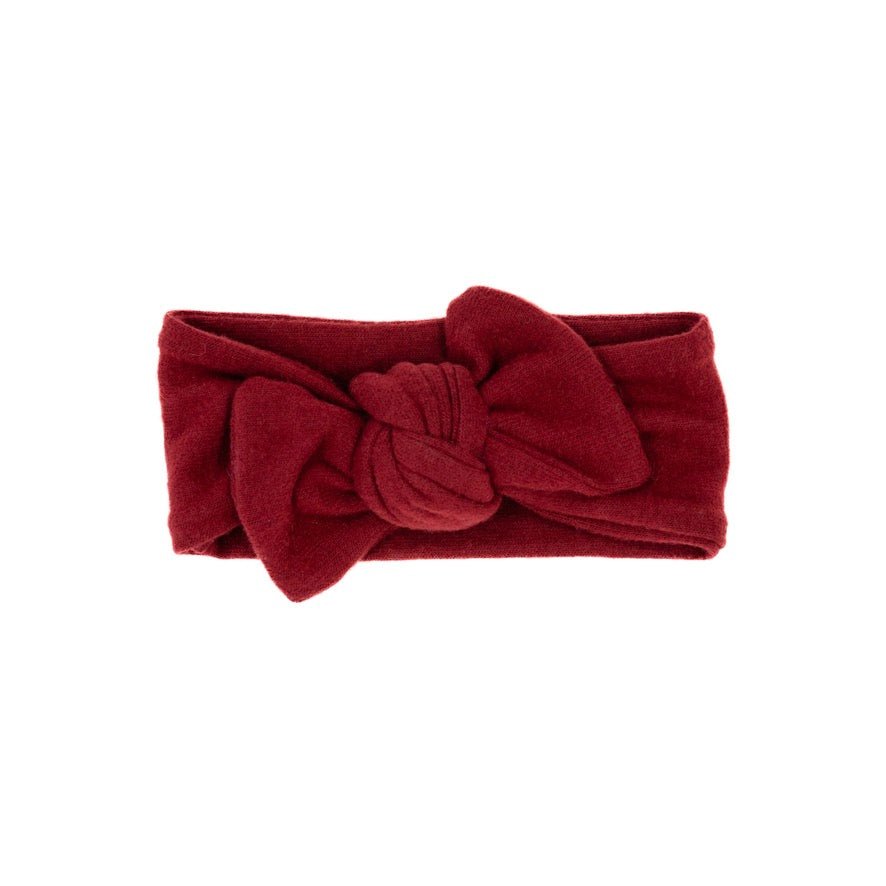 Soft and elegant baby headwrap with bow in Plush Dark Cherry fabric.