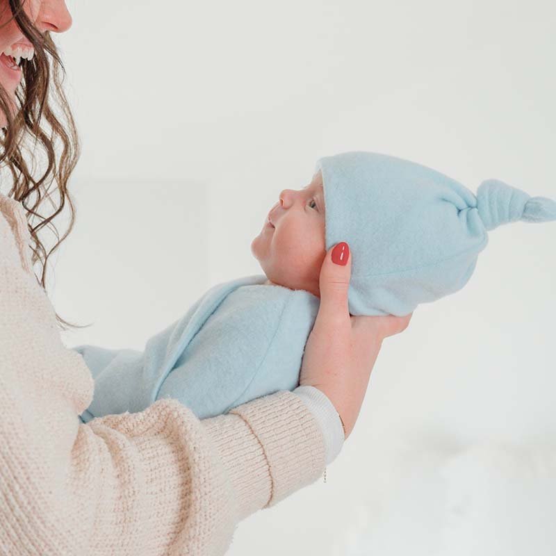 Adorable knotty beanie available in luxurious Plush Powder Blue fabric.