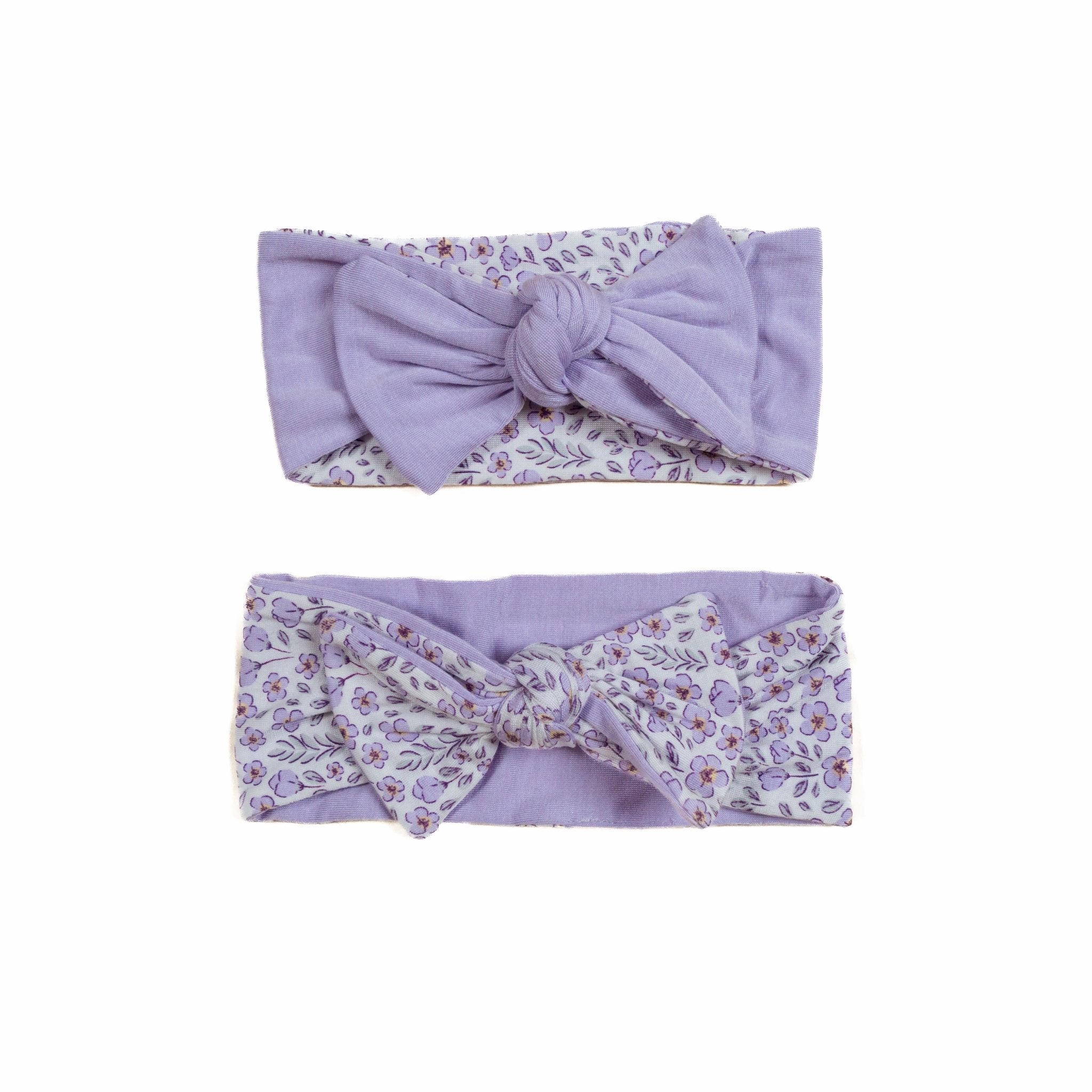 Adorable bow headwraps available in luxurious silky modal with Purple Posies design.