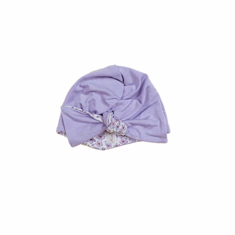 Charming ruched baby beanie with decorative bow in Purple Posies styles.