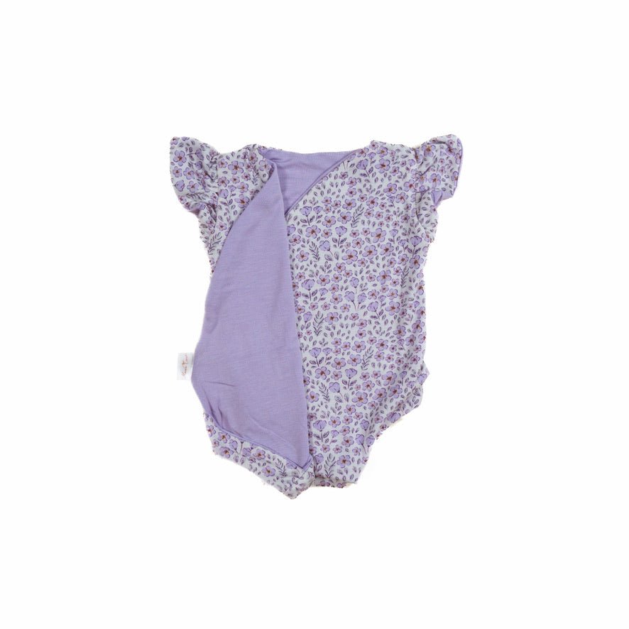 Purple posies design flutter sleeve baby onesie in silky modal fabric.