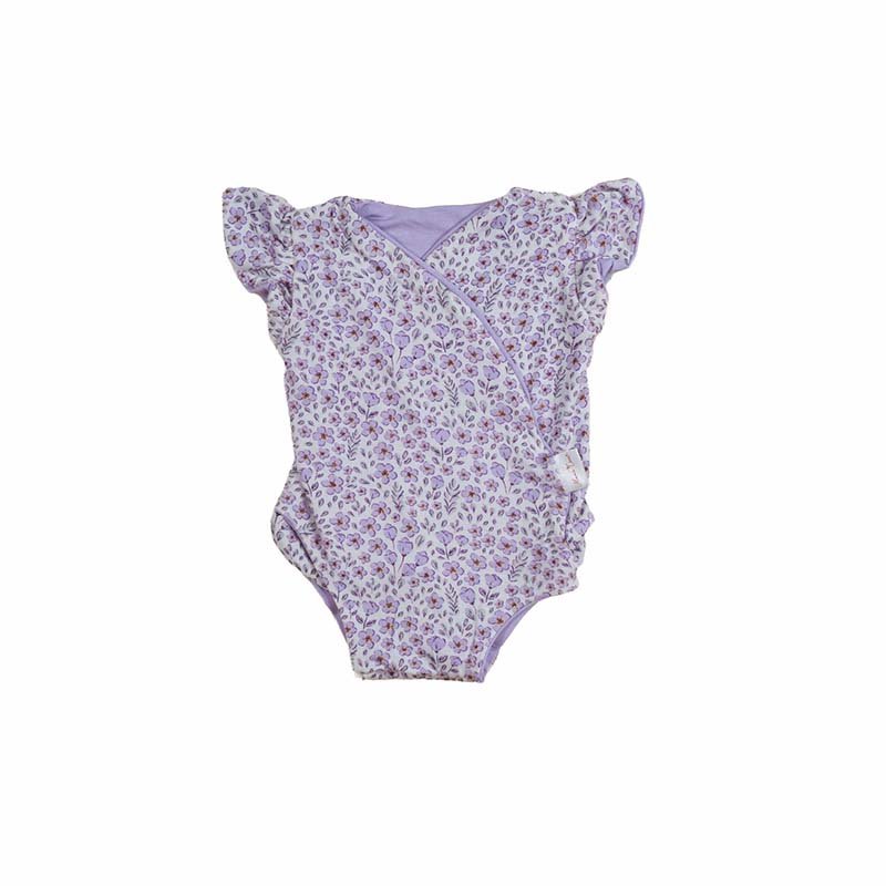 Purple Posies design flutter sleeve baby winged bodysuit in silky modal fabric.