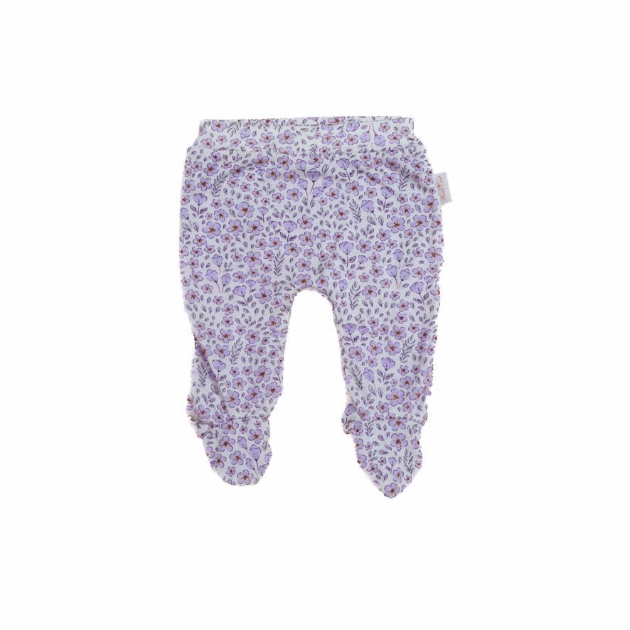 Reversible baby footie pants in purple posies design.