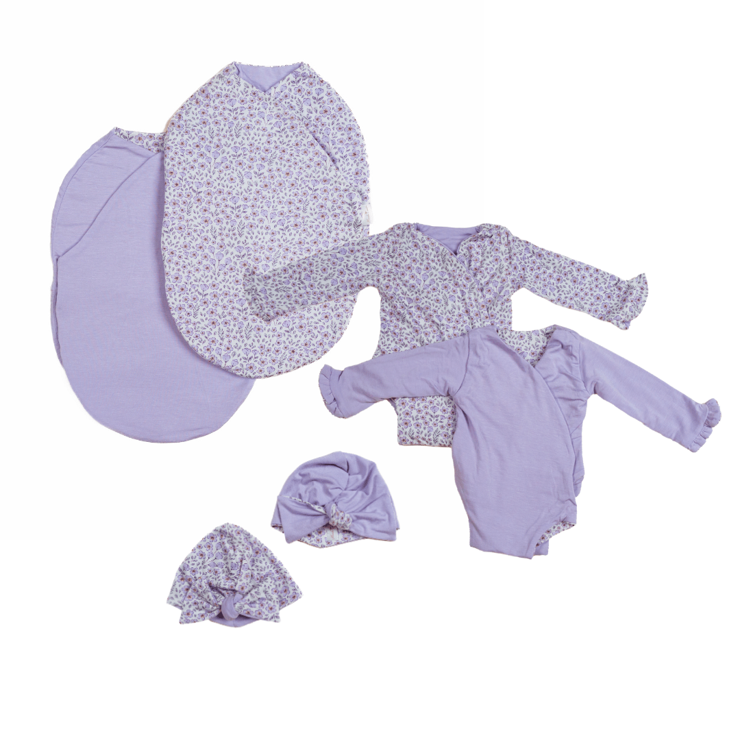 Silky modal long sleeve newborn baby bundle, featuring adorable ruffle cuffs in purple posies design.