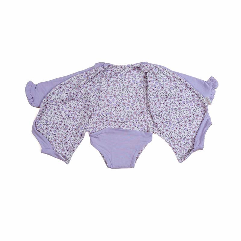 Purple Posies design ruffle cuff long sleeve winged bodysuit in silky modal fabric.