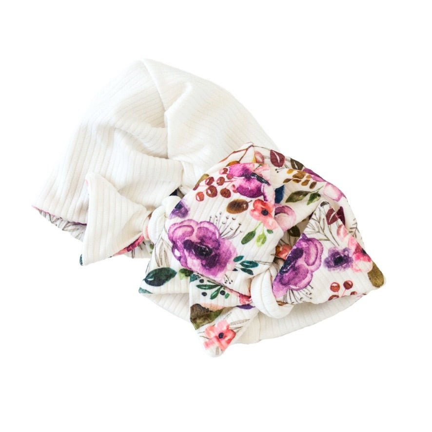 Reversible beanie in ivory wildflowers design.