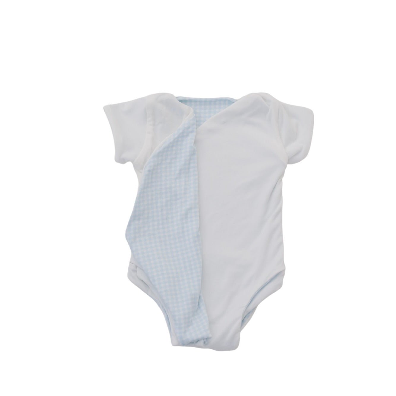 Reversible Baby Blue Gingham design short sleeved winged bodysuit in silky modal fabric.