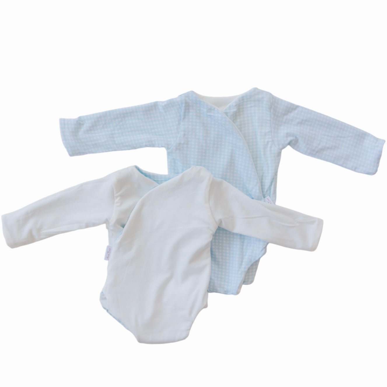 Reversible bodysuit in baby blue gingham design from our long-sleeve onesie outfit bundle.