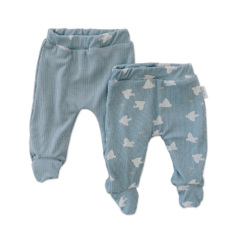 Reversible baby footie pants designed in ultra-soft bamboo organic cotton with the Cornflour Doves theme.