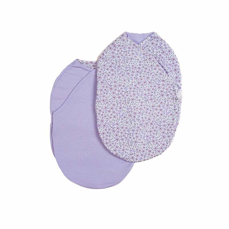 Reversible purple posies design cocoon baby swaddle in silky modal fabric.