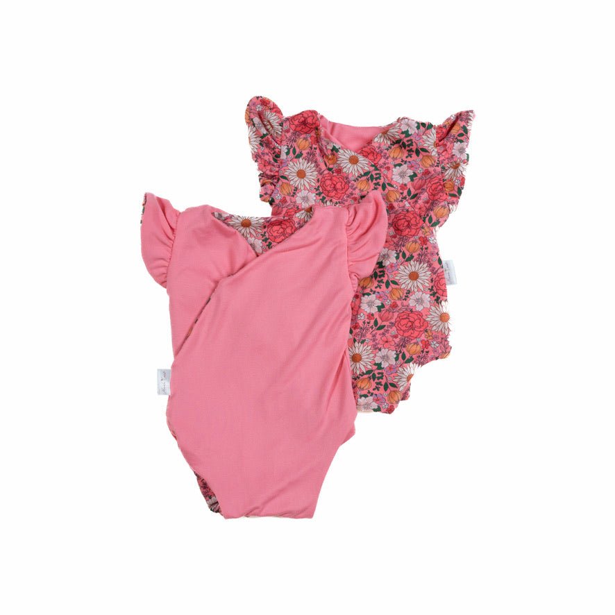 Reversible short-sleeve bodysuit for baby in Classic Brushed fabric styles featuring Flower Power.