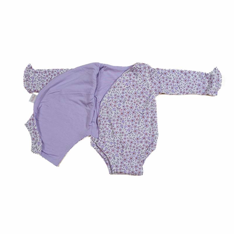 Reversible Purple Posies design ruffle cuff long sleeved winged bodysuit in silky modal fabric.