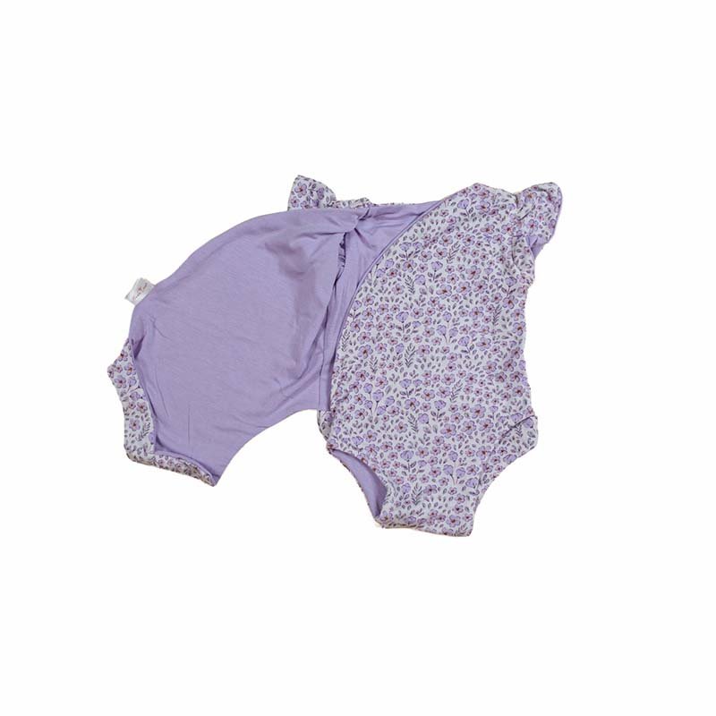 Reversible Purple Posies design flutter sleeve winged bodysuit in silky modal fabric.