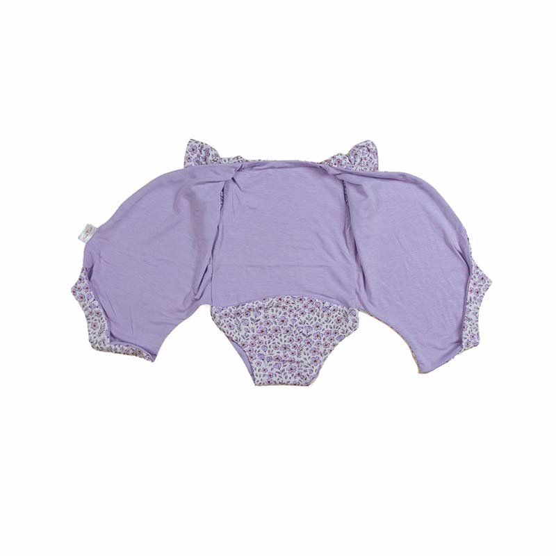 Reversible Purple Posies design flutter sleeve winged bodysuit in silky modal fabric.