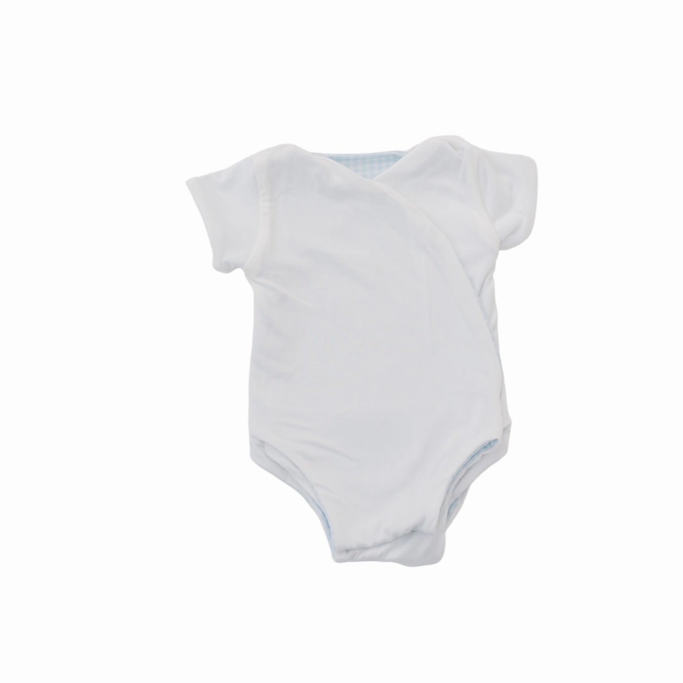 Reversible Baby Blue Gingham design short sleeved winged bodysuit in silky modal fabric.