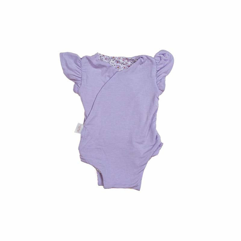 Reversible flutter sleeve baby onesie in Purple Posies design.