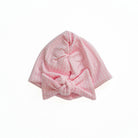 Ruched baby beanie with bow in Baby Pink Gingham design, made from Silky Modal fabric.