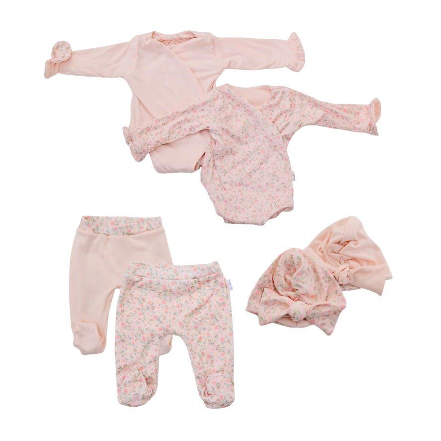 Dusty roses ruffle cuff long-sleeve onesie outfit bundle made from soft classic brushed texture fabric.