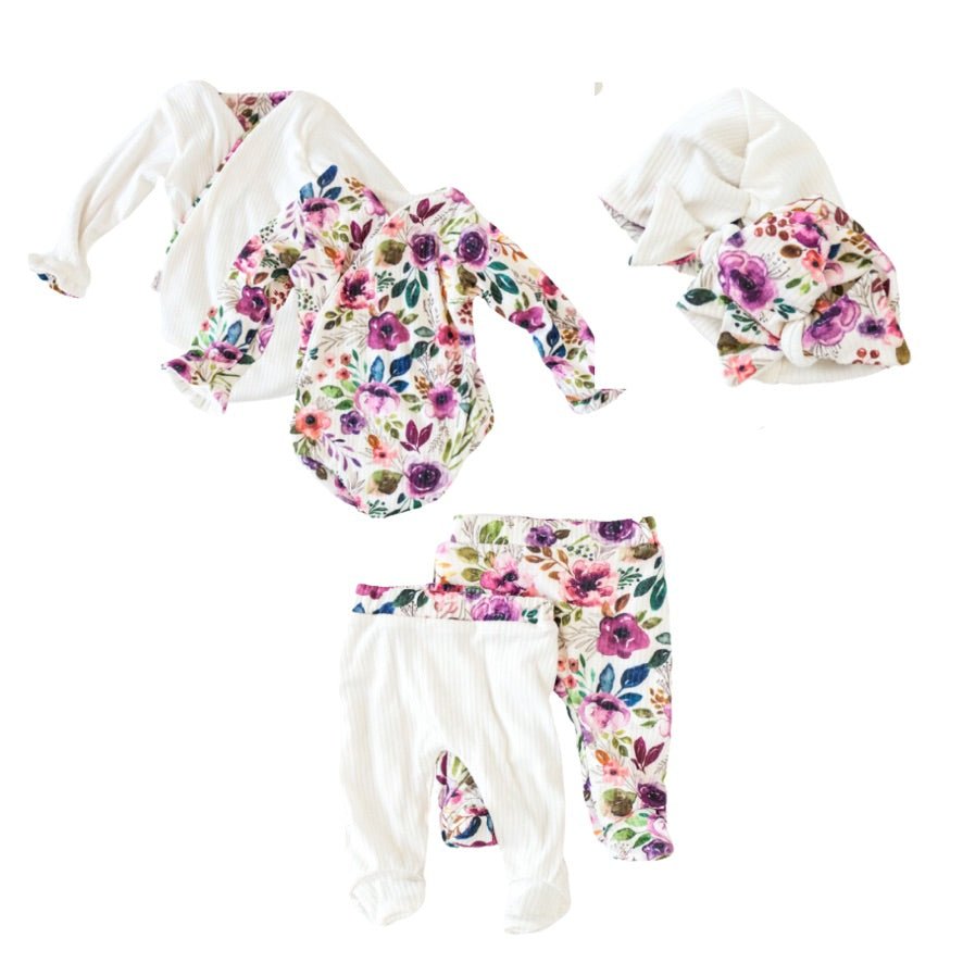 Ivory wildflowers ruffle cuff long sleeve baby onesie outfit bundle made from soft classic brushed texture fabric.