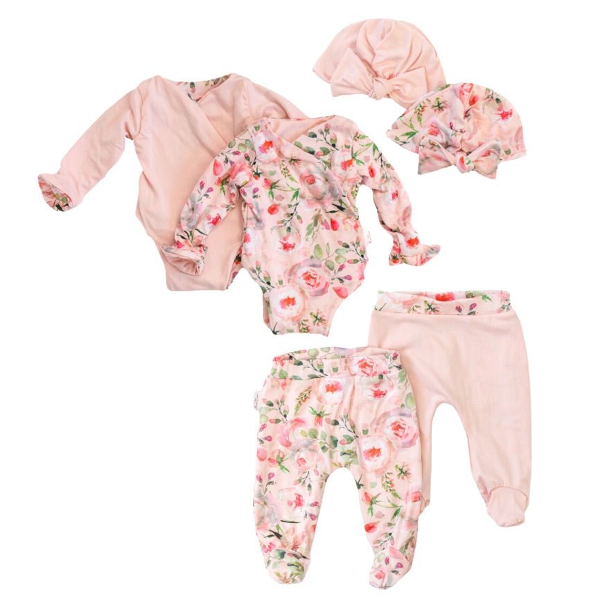 Peachy lilac ruffle cuff long sleeve baby onesie outfit bundle made from soft classic brushed texture fabric.