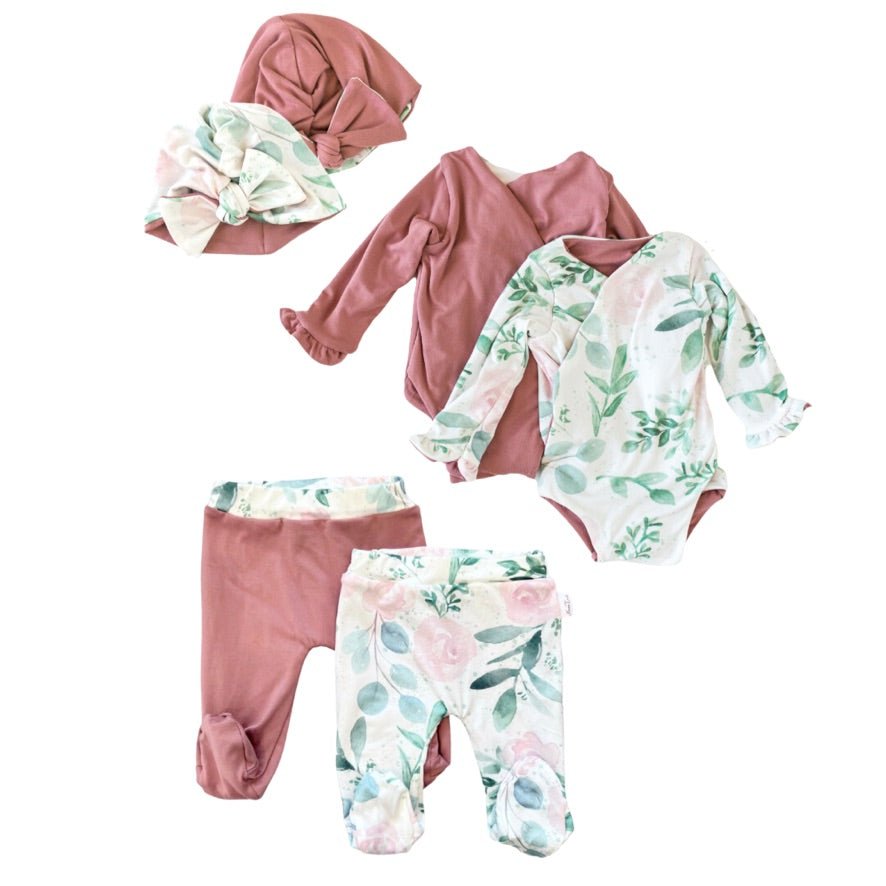 Blushing eucalyptus ruffle cuff long sleeve onesie outfit bundle made from soft classic brushed texture fabric, featuring a delicate watercolor eucalyptus leaf print.