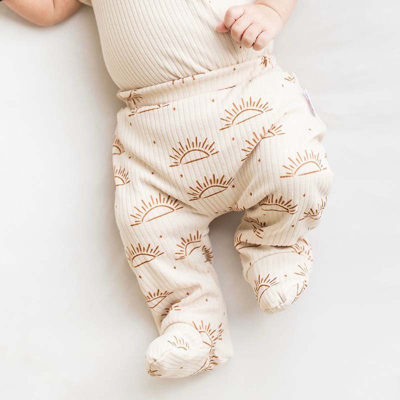 Bamboo organic cotton baby footie pants featuring the charming Sandy Sunsets design.