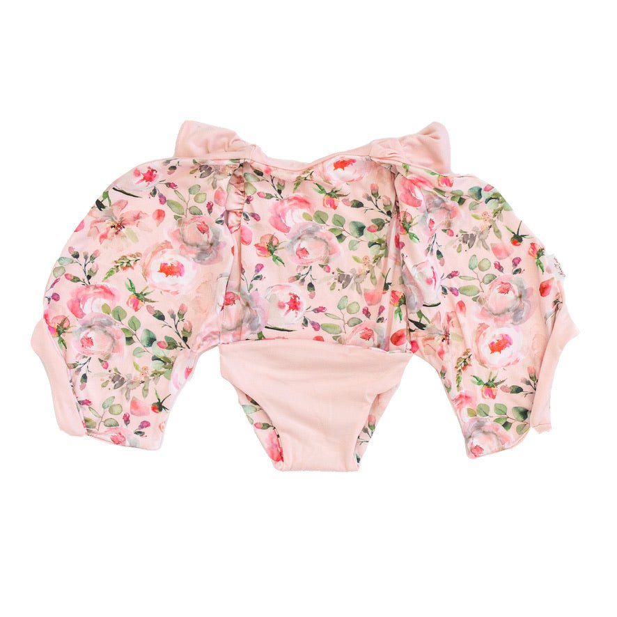 Peachy Rose Fields floral baby bodysuit with short sleeves in Classic Brushed fabric styles.