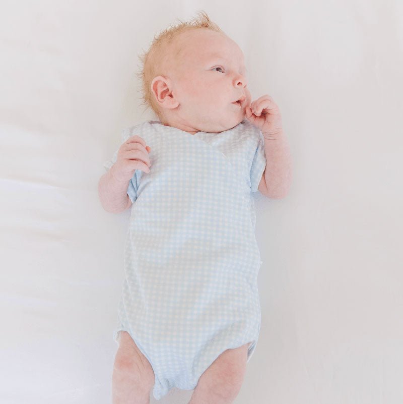 Baby Blue Gingham design short sleeve winged bodysuit.