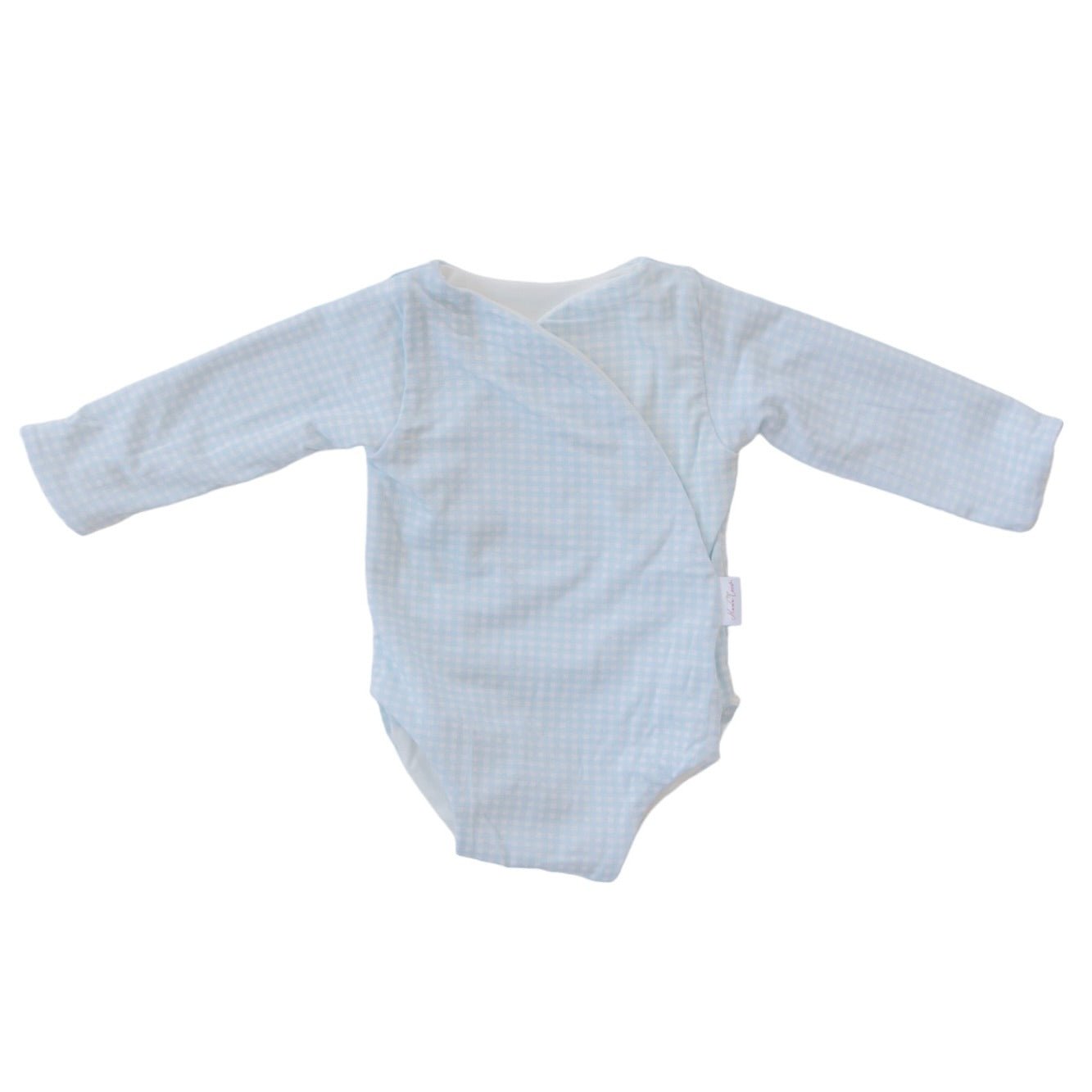 Silky modal long sleeved baby winged bodysuit in Baby Blue Gingham design.