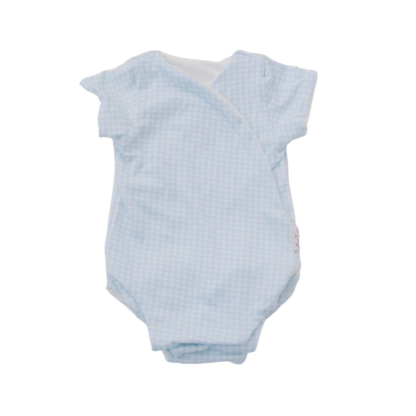 Baby Blue Gingham design winged bodysuit for babies in silky modal fabric.